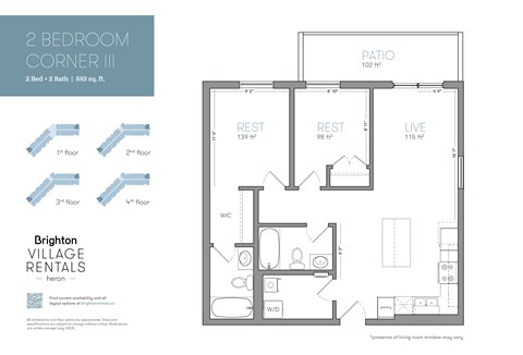 Floor plan for 2 beds, 2 baths, 883 sqft